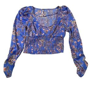 Free People Blue Floral Smocked Waist Long Sleeve Crop Top Small
